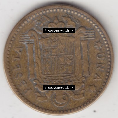 Münzen Spanien Umlaufmünze 1946-1963, 1 Peseta-Pesete 19x3. Vorderseite der Peseten Umlaufmünze aus Spanien vor Einführung der Euromünzen in Spanien zum katalogisieren... Sammlung