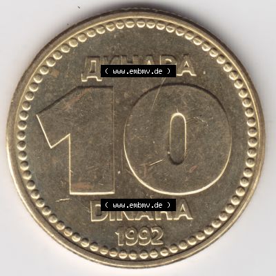 Münzen Jugoslawien Umlaufmünze 1992-1992, 10 Dinara, Anhapa, Dinar, Bild mit Vorderseite der Münze als Bildmaterial Sammlung