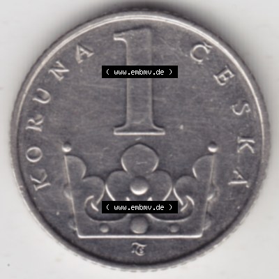 Münzen Tschechien Umlaufmünze 1993-Heute, 1 Krone. Rückseite der Münze aus Tschechien als Bildmaterial für Sammler und Münzen-Webseiten hier im online Katalog... Sammlung