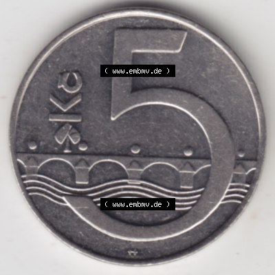 Münzen Tschechien Umlaufmünze 1993-Heute, 5 Kronen. Rückseite der Münze aus Tschechien als Bildmaterial für Sammler und Münzen-Webseiten hier im online Katalog... Sammlung