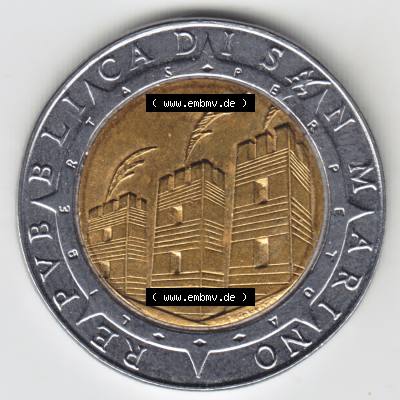 Münzen San Marino Gedenkmünze 1992-1992, 500 Lire Columbus. Wappen der 500 Lire Gedenkmünzen von San Marino Eurovorläufer als Bildmaterial im online Katalog und Datenbank... Sammlung