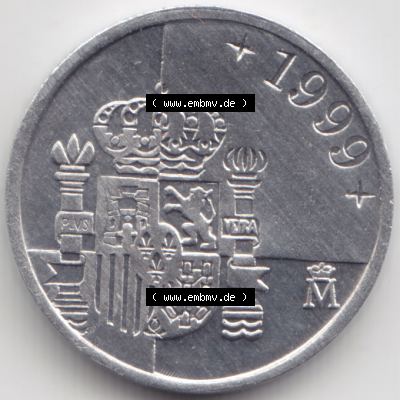 Münzen Spanien Umlaufmünze 1989-2001, 1 Peseta, Pesete 1999. Rückseite der spanischen Umlaufmünze aus Spanien vor der Euro-Einführung in Spanien zum katalogisieren... Sammlung