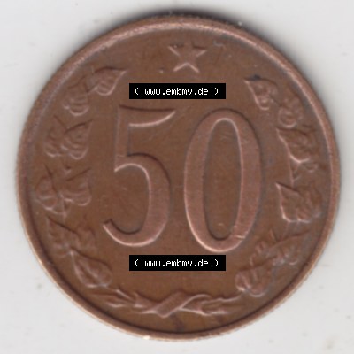 Münzen Tschechoslowakei Umlaufmünze 1963-1971, 50 Heller. Rückseite der Münze aus Tschechoslowakei als Bildmaterial für Sammler und Münzen-Webseiten hier im online... Sammlung