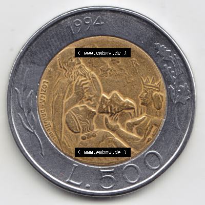 Münzen San Marino Gedenkmünze 1994-1994, 500 Lire Steinmetz mit Hammer und Meißel Rauchtürme. Wappen der 500 Lire Gedenkmünzen von San Marino Eurovorläufer als... Sammlung