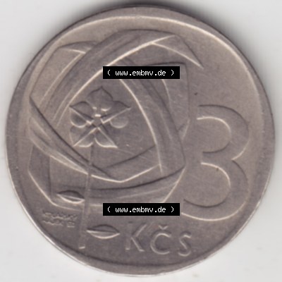 Münzen Tschechoslowakei Umlaufmünze 1965-1969, 3 Kronen. Rückseite der Münze aus Tschechoslowakei als Bildmaterial für Sammler und Münzen-Webseiten hier im online... Sammlung