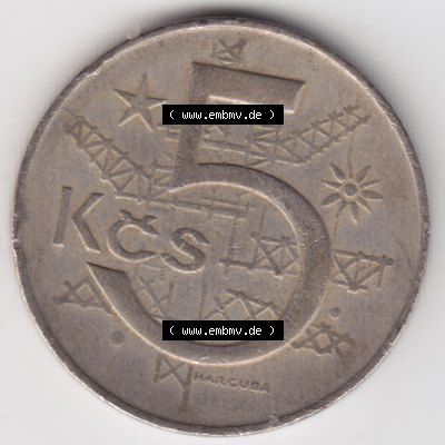 Münzen Tschechoslowakei Umlaufmünze 1967-1990, 5 Kcs, Korun, Kronen. Rückseite der Münze aus Tschechoslowakei als Bildmaterial für Sammler und Münzen-Webseiten... Sammlung