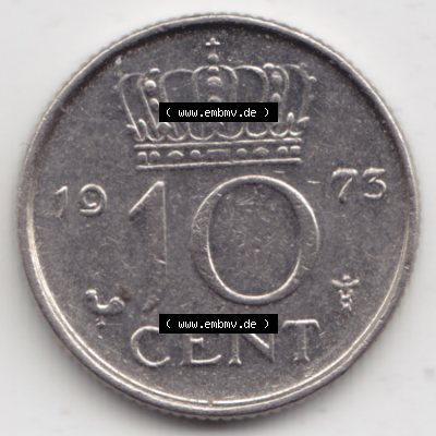 Münzen Niederlande Umlaufmünze 1950-1980, 10 Cent 1973, Bild mit Vorderseite der Münze als Bildmaterial Sammlung