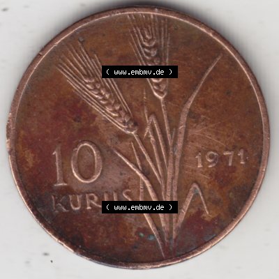 Münzen Türkei Umlaufmünze 1969-1973, 10 Kurus. Vorderseite der Münze der Türkei als Bildmaterial für Sammler und Münzen-Webseiten hier im online Katalog... Sammlung