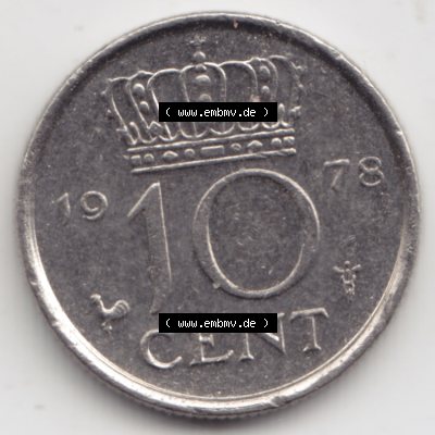 Münzen Niederlande Umlaufmünze 1950-1980, 10 Cent 1978, Bild mit Vorderseite der Münze als Bildmaterial Sammlung