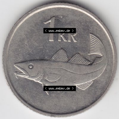 Münzen Island Umlaufmünze 1981-1987, 1 KR, Krone. Rückseite der alten Isländischen Umlaufmünze aus Island in Isländischen Kronen-Währung zum katalogisieren... Sammlung