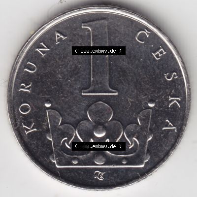 Münzen Tschechien Umlaufmünze 1993-2013, 1 kc, 1 Krone. Rückseite der Münze aus Tschechien als Bildmaterial für Sammler und Münzen-Webseiten hier im online... Sammlung