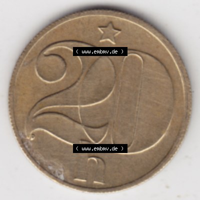 Münzen Tschechoslowakei Umlaufmünze 1972-1990, 20 Heller. Rückseite der Münze aus Tschechoslowakei als Bildmaterial für Sammler und Münzen-Webseiten hier im online... Sammlung