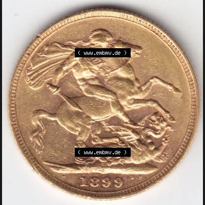 Münzen Großbritannien Goldmünze 1893-1901, 1 Pfund Sovereign 1899. Vorderseite der alten britischen Münze aus Großbritannien zum katalogisieren und verwalten im... Sammlung