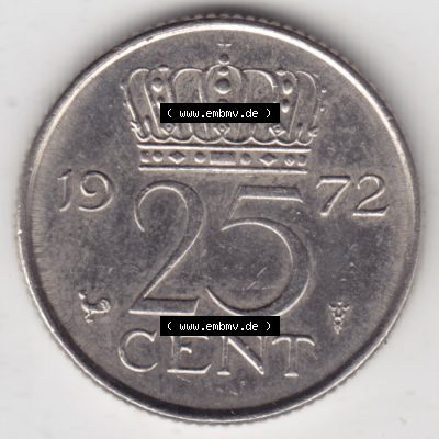 Münzen Niederlande Umlaufmünze 1950-1980, 25 Cent 1972, Bild mit Vorderseite der Münze als Bildmaterial Sammlung