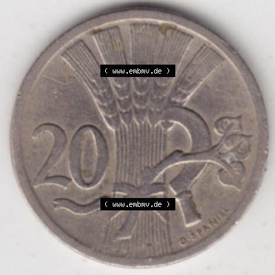 Münzen Tschechoslowakei Umlaufmünze 1921-1938, 20 Heller. Rückseite der Münze aus Tschechoslowakei als Bildmaterial für Sammler und Münzen-Webseiten hier im online... Sammlung