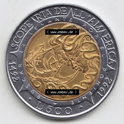 Münzen San Marino Gedenkmünze 1992-1992, 500 Lire Columbus. 500 Lire Gedenkmünzen von San Marino Eurovorläufer als Bildmaterial im online Katalog und Datenbank erhältlich. Sammlung