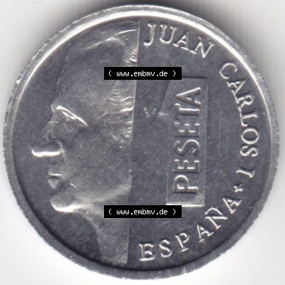 Münzen Spanien Umlaufmünze 1989-2001, 1 Peseta, Pesete 1999. Vorderseite der alten Peseten Umlaufmünze aus Spanien vor Einführung der Euromünzen in Spanien zum... Sammlung
