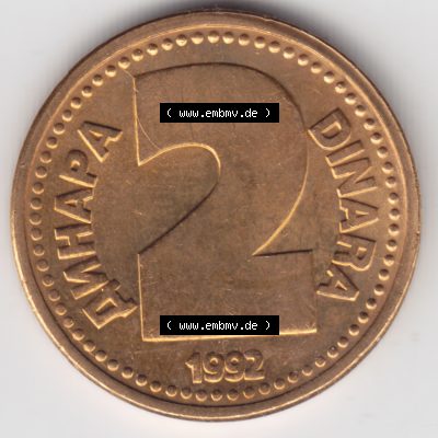 Münzen Jugoslawien Umlaufmünze 1992-1992, 2 Dinara, Anhapa, Dinar, Bild mit Vorderseite der Münze als Bildmaterial Sammlung