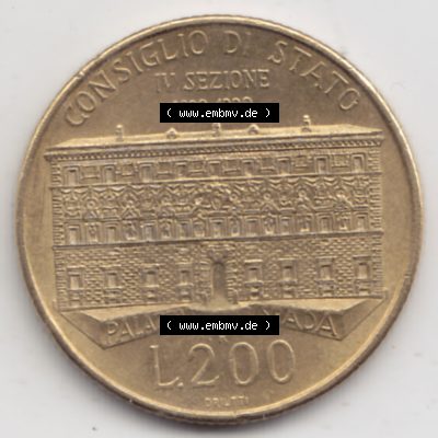 Münzen Italien Gedenkmünze 1990-1990, 200 Lire Gründung von Staatsrat. Vorderseite der alten italienischen Münze aus Italien in der italienischen Lira-Währung zum... Sammlung
