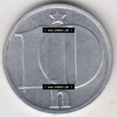 Münzen Tschechoslowakei Umlaufmünze 1974-1990, 10 Heller. Rückseite der Münze aus Tschechoslowakei als Bildmaterial für Sammler und Münzen-Webseiten hier im online... Sammlung