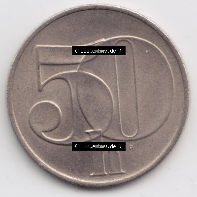 Münzen Tschechoslowakei Umlaufmünze 1991-1992 50 h, Haleru, Heller. Rückseite der Münze aus Tschechoslowakei als Bildmaterial für Sammler und Münzen-Webseiten... Sammlung
