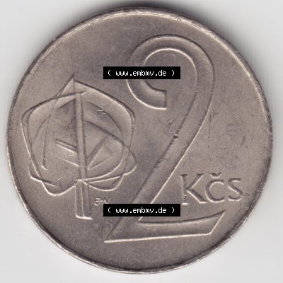 Münzen Tschechoslowakei Umlaufmünze 1991-1992 2 KCS, Koruny, Kronen. Rückseite der Münze aus Tschechoslowakei als Bildmaterial für Sammler und Münzen-Webseiten... Sammlung