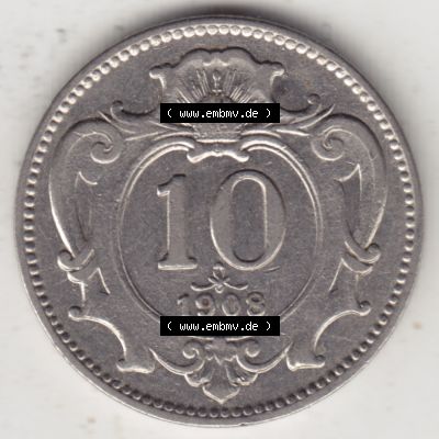 Münzen Österreich Umlaufmünze 1892-1911, 10 Heller 1908, Bild mit Vorderseite der Münze aus Österreich als Bildmaterial, für dich selbst Sammlung