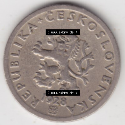Münzen Tschechoslowakei Umlaufmünze 1921-1938, 20 Heller. Vorderseite der Münze aus Tschechoslowakei als Bildmaterial für Sammler und Münzen-Webseiten hier im online... Sammlung