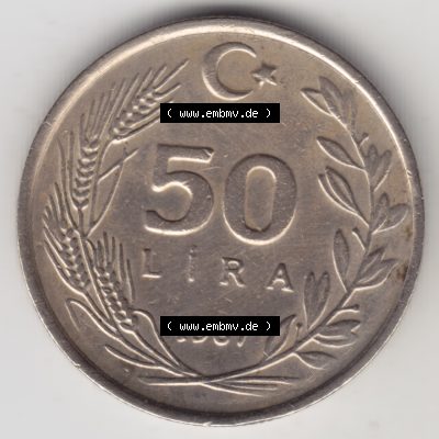Münzen Türkei Umlaufmünze 1984-1987, 50 Lira - Lire. Vorderseite der Münze der Türkei als Bildmaterial für Sammler und Münzen-Webseiten hier im online Katalog... Sammlung