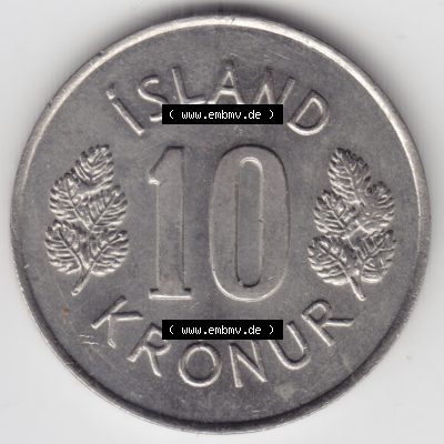 Münzen Island Umlaufmünze 1967-1980, 10 Kronur, Kronen 1980. Rückseite der alten Isländischen Umlaufmünze aus Island in Isländischen Kronen-Währung... Sammlung