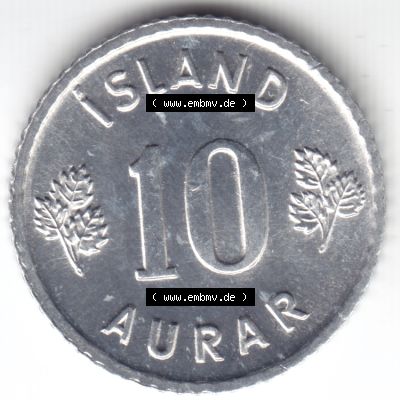 Münzen Island Umlaufmünze 1974 10 Aurar. Rückseite der alten Isländischen Umlaufmünze aus Island in Isländischen Kronen-Währung zum katalogisieren und verwalten... Sammlung