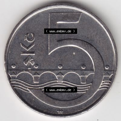 Münzen Tschechien Umlaufmünze 1993-2013, 5 Kc, 5 Kronen. Rückseite der Münze aus Tschechien als Bildmaterial für Sammler und Münzen-Webseiten hier im online... Sammlung