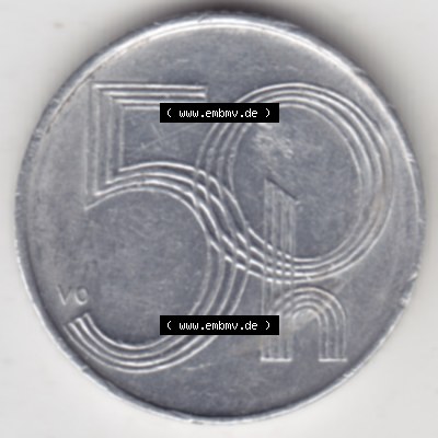 Münzen Tschechien Umlaufmünze 1993-2008, 50 Heller. Rückseite der Münze aus Tschechien als Bildmaterial für Sammler und Münzen-Webseiten hier im online Katalog... Sammlung