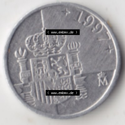 Münzen Spanien Umlaufmünze 1989-2001, 1 Pesete 1997. Vorderseite der alten Peseten Umlaufmünze aus Spanien vor Einführung der Euromünzen in Spanien zum katalogisieren... Sammlung