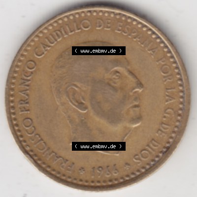 Münzen Spanien Umlaufmünze 1966-1966, 1 Pesete. Rückseite der spanischen Umlaufmünze aus Spanien vor der Euro-Einführung in Spanien zum katalogisieren im spanischen... Sammlung