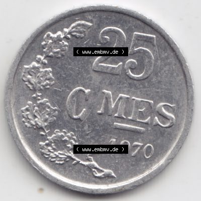Münzen Luxemburg Umlaufmünze 1954-1972, 25 Centimes, Bild mit Vorderseite der Münze als Bildmaterial Sammlung