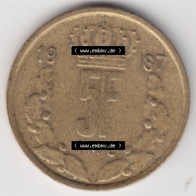 Münzen Luxemburg Umlaufmünze 1986-1988, 5 F, Francs, Franken 1987, Bild mit Vorderseite der Münze als Bildmaterial Sammlung