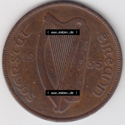 Münzen Irland Umlaufmünze 1928-1937, 1 Penny, Pence 1935. Rückseite der alten irischen Umlaufmünze aus Irland in Irische Pfund-Währung zum katalogisieren und... Sammlung