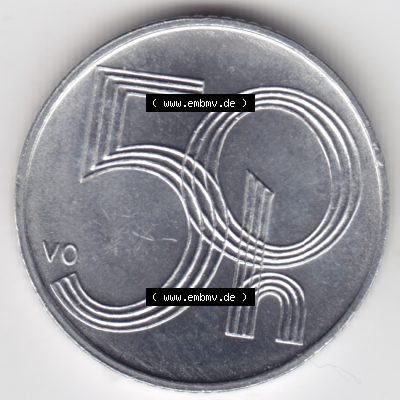 Münzen Tschechien Umlaufmünze 1993-2009, 50 h, 50 Heller. Rückseite der Münze aus Tschechien als Bildmaterial für Sammler und Münzen-Webseiten hier im online... Sammlung