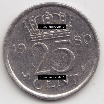 Münzen Niederlande Umlaufmünze 1950-1980, 25 Cent 1980, Bild mit Vorderseite der Münze als Bildmaterial Sammlung