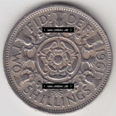 Münzen Großbritannien Umlaufmünze 1954-1970, 2 Schilling-Florin 1961. Vorderseite der alten britischen Münze aus Großbritannien zum katalogisieren und verwalten... Sammlung