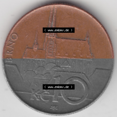Münzen Tschechien Umlaufmünze 1993-Heute, 10 Kronen. Rückseite der Münze aus Tschechien als Bildmaterial für Sammler und... Sammlung