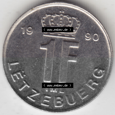 Münzen Luxemburg Umlaufmünze 1988-1995, 1 Franken - Francs 1990, Bild mit Vorderseite der Münze als Bildmaterial Sammlung