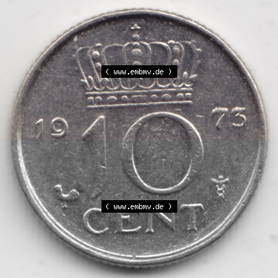 Münzen Niederlande Umlaufmünze 1950-1980, 10 Cent 1973, Bild mit Vorderseite der Münze als Bildmaterial Sammlung