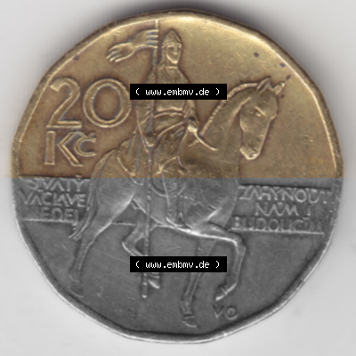 Münzen Tschechien Umlaufmünze 1993-Heute, 20 Kronen. Rückseite der Münze aus Tschechien als Bildmaterial für Sammler und... Sammlung