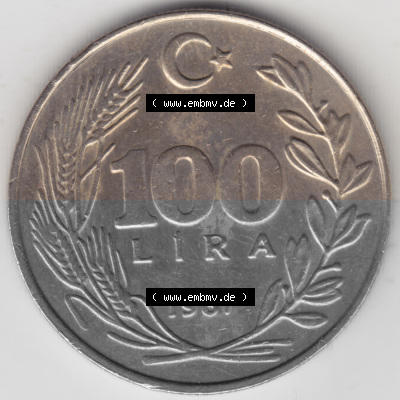 Münzen Türkei Umlaufmünze 1984-1988, 100 Lira - Lire. Vorderseite der Münze der Türkei als Bildmaterial für Sammler und... Sammlung