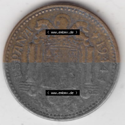 Münzen Spanien Umlaufmünze 1944-1944, 1 Pesete 1944. Rückseite der spanischen Umlaufmünze aus Spanien vor der Euro-Einführung... Sammlung