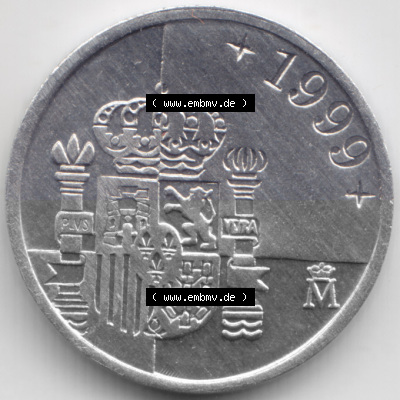 Münzen Spanien Umlaufmünze 1989-2001, 1 Peseta, Pesete 1999. Rückseite der spanischen Umlaufmünze aus Spanien vor der Euro-Einführung... Sammlung