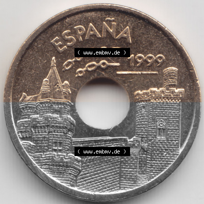 Münzen Spanien Umlaufmünze 1999-1999, 25 PTAS, Peseten 1999. Rückseite der spanischen Umlaufmünze aus Spanien vor der Euro-Einführung... Sammlung