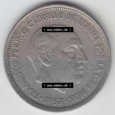 Münzen Spanien Umlaufmünze 1957, 1957-1975, 5 PTAS, Peseten 1958. Rückseite der spanischen Umlaufmünze aus Spanien vor der... Sammlung